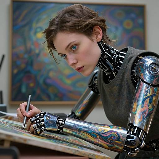 Cyborg woman with metallic, colorful arm and shoulder, painting with pen in art studio, blue-eyed focused, abstract painting in background.