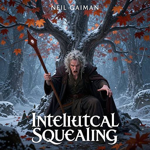 Digital poster of a white-haired man in dark robes, holding a staff, kneeling before a snow-covered, autumn-leaved tree, with 