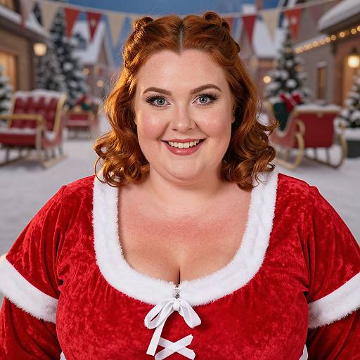 Photograph of a smiling, curvy, fair-skinned woman with red curly hair, wearing a red velvet Santa dress with white trim, in a