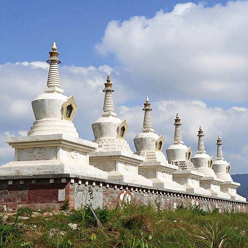 Ancient White Stone Stupas on Hillside