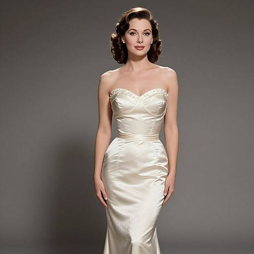 Photograph of a fair-skinned woman with dark, wavy hair in a strapless, satin white evening gown, standing against a gray background.