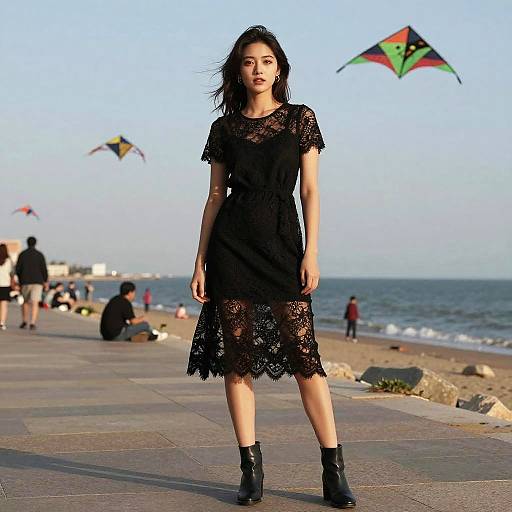 Photograph of a young woman with long black hair wearing a black lace dress and black boots, standing on a seaside promenade with colorful kites flying