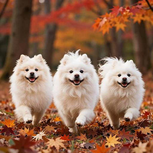 Photograph of three fluffy white Pomeranians joyfully running through an autumn forest, surrounded by vibrant red and orange fallen leaves.