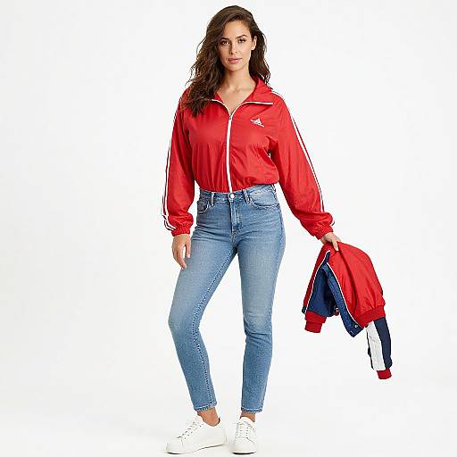 Photograph of a young woman with long brown hair, wearing a red Adidas jacket, blue jeans, and white sneakers, holding a red and blue jacket