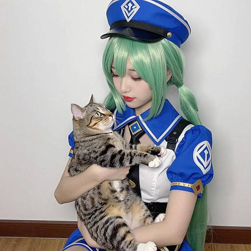 Green-Haired Cosplayer with Tabby Cat