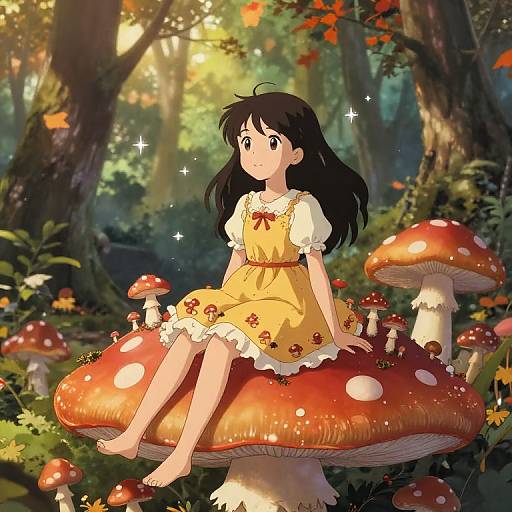 Anime-style illustration of a girl with long black hair in a yellow dress, sitting on large red and white mushrooms in a sunlit forest.
