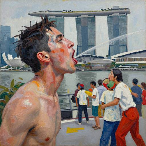 Digital painting of a shirtless Asian man with messy black hair, mouth open, standing near a waterfront with Marina Bay Sands. Group of people in background