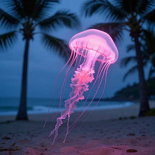 Photograph of a glowing pink jellyfish with long, flowing tentacles, illuminated against a dark blue twilight beach background with silhouetted palm trees