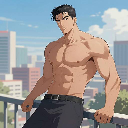Confident Anime Man Leaning on Railing