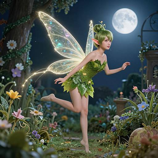 Digital artwork of a green-haired fairy with glowing wings, wearing a leafy dress, dancing under a full moon in a magical garden.