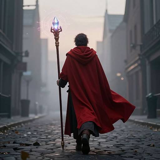 Photograph of a lone figure in a red cloak, holding a glowing staff, walking down a foggy, cobblestone alleyway.