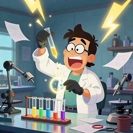 Cartoon scientist with glasses, black hair, white lab coat, black gloves, excitedly holding glowing test tube, colorful liquids on tray.