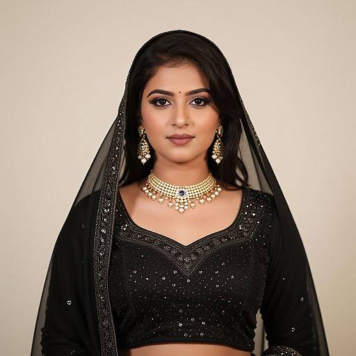 Photograph of an Indian woman with medium brown skin, black hair, wearing a black sparkling lehenga, sheer veil, gold jewelry, and nose ring