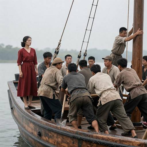 Crowded Ship Scene in Smoky Atmosphere