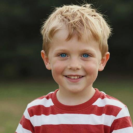 Photograph of a smiling young boy with blue eyes, light blond hair, and fair skin, wearing a red and white striped shirt, against a blurred