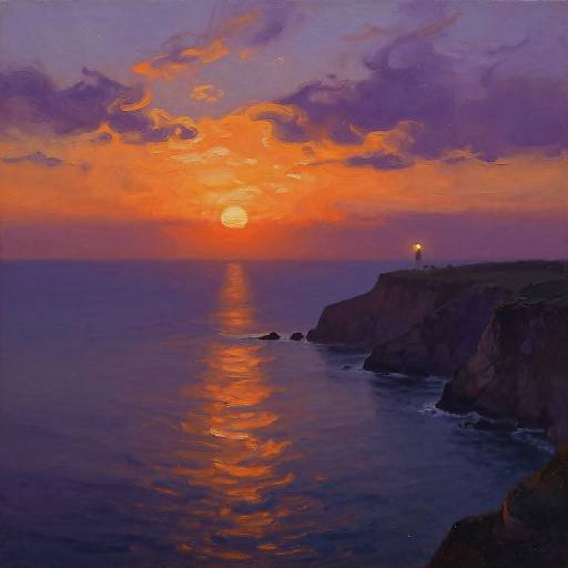 Photograph of a vibrant sunset over a calm ocean, with a lighthouse on a cliff, purple and orange clouds, and a reflective golden sun.