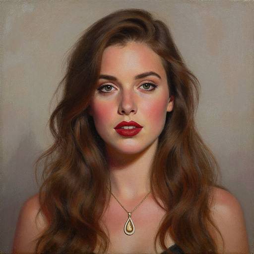 Realistic digital portrait of a young woman with long brown wavy hair, red lipstick, pink blush, and gold teardrop necklace, against a