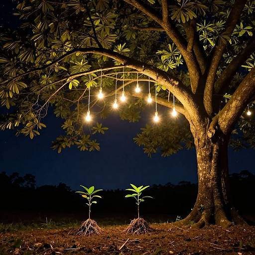 Photograph of a tree at night, illuminated by hanging light bulbs, with two young green plants growing at its base.