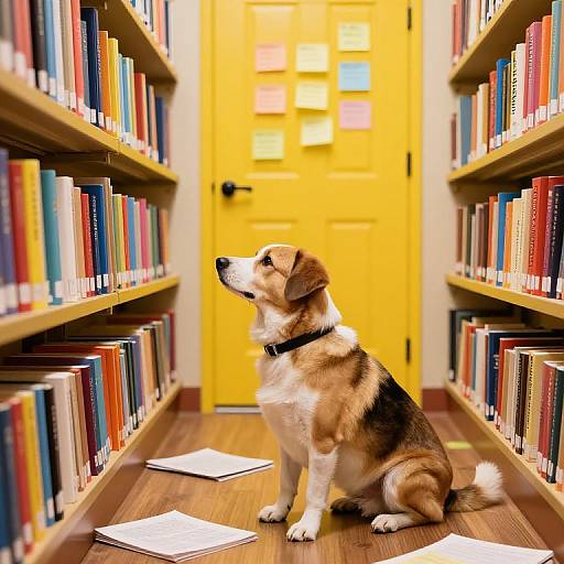 Curious dog in vibrant library