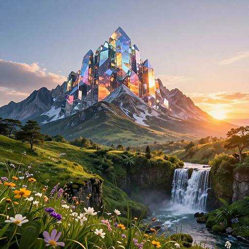 Digital art: Vibrant, crystal-like castle on a mountain at sunset, surrounded by lush green landscape, wildflowers, and a cascading waterfall.