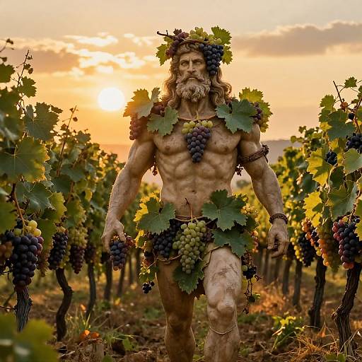 Photograph of a muscular, bearded man with grapevine crown and leaf loincloth, walking through grapevine field at sunset, holding grapes,