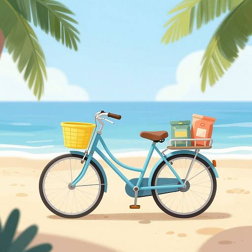 Digital illustration of a turquoise bicycle with a yellow basket, brown leather seat, and a green and orange storage rack, parked on a sandy beach with blue