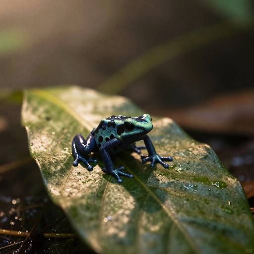 Photograph of a small, glossy black and green frog with yellow accents, perched on a wet, sunlit leaf in a forest.