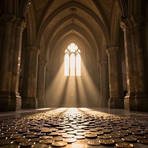 Photograph of a sunlit Gothic cathedral interior with golden sunlight streaming through a high, arched stained glass window, illuminating a patterned stone floor