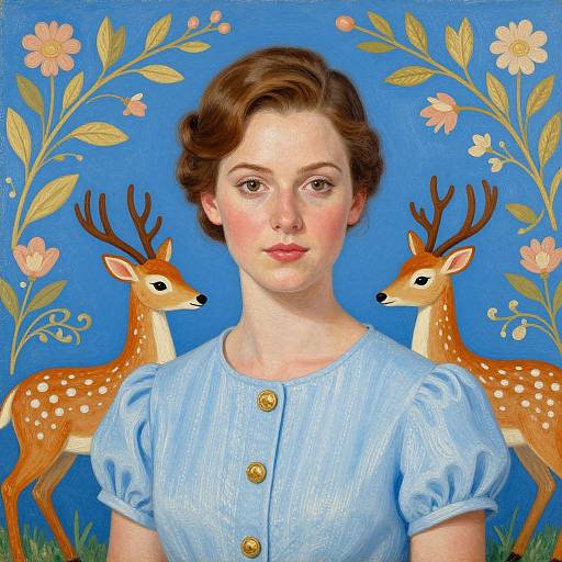 Digital painting of a fair-skinned woman with brown hair, wearing a light blue dress with buttons, flanked by two deer against a blue floral background