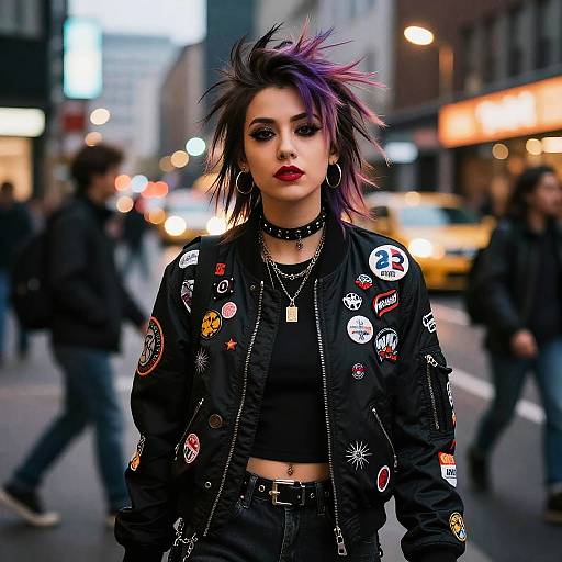 Photograph of a punk-style woman with purple-streaked hair, bold makeup, black jacket adorned with patches, and choker necklace, standing on