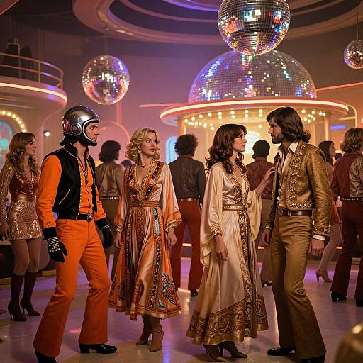 Photograph of 1970s disco scene with four people dancing; man in orange suit and helmet, two women in patterned dresses, one man