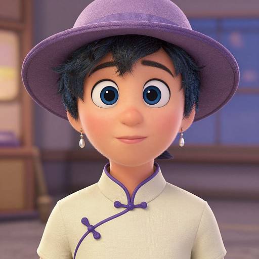 Digital 3D cartoon of a young boy with large blue eyes, wearing a purple hat, white cheongsam with purple buttons, and dangling earrings