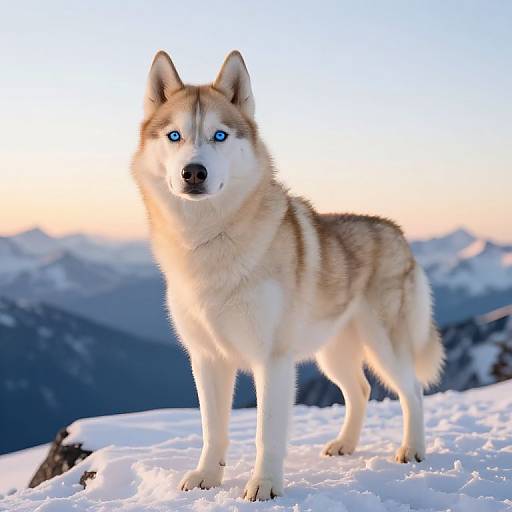Photograph of a stunning Siberian Husky with striking blue eyes standing in snow-covered mountains at sunset, its fur a blend of beige and white.