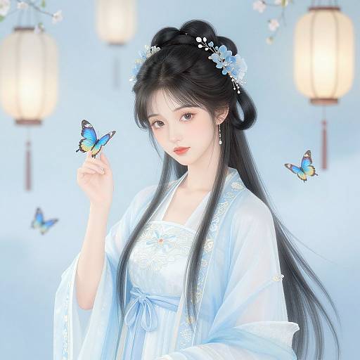 Digital anime-style illustration of an Asian woman with long black hair, wearing a white floral kimono, gently holding a blue butterfly, surrounded by lanterns