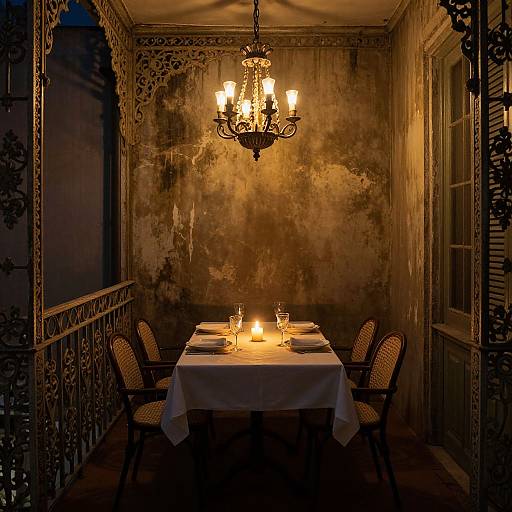 Photograph of a dimly lit, rustic dining room with a vintage chandelier, ornate wall trim, and a table set for four, featuring