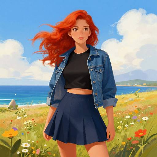 Digital illustration of a red-haired woman with flowing hair, wearing a denim jacket and black top with a navy skirt, standing in a vibrant, sunny me