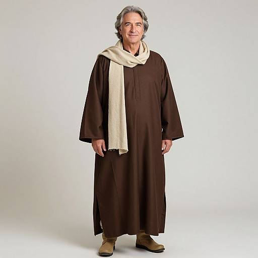 Photograph of an elderly man with gray hair, wearing a long brown robe, beige scarf, and tan boots, standing against a plain white background.