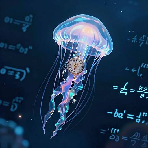 Photograph of a glowing jellyfish with a clock face, surrounded by blue and purple tentacles, floating against a dark background of neon mathematical equations.