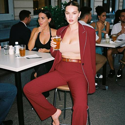Photograph of a confident woman in a low-cut beige top and burgundy suit, holding a beer, seated at an outdoor café. Other patrons are