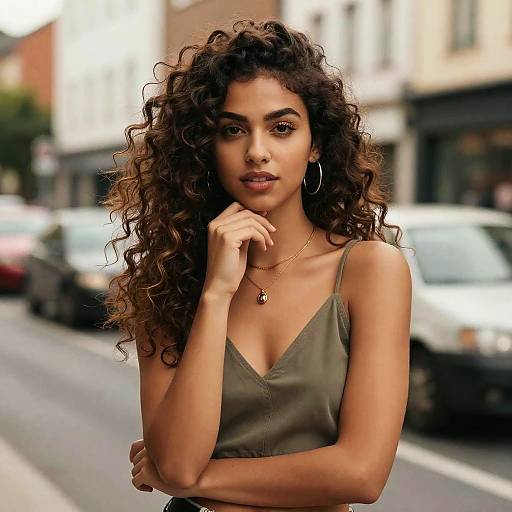 Confident Young Woman with Curly Hair in Urban Setting