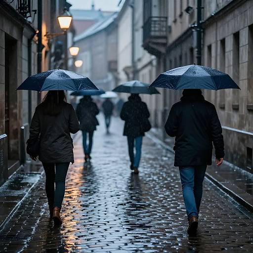 Photograph of two women in dark coats and jeans, walking down a wet, cobblestone street at dusk, holding black umbrellas, with blurred