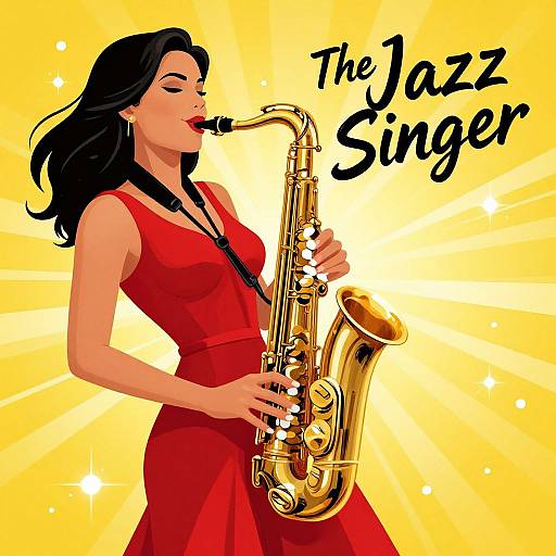 Digital illustration of a black-haired woman in a red dress playing a golden saxophone against a radiant yellow background with 