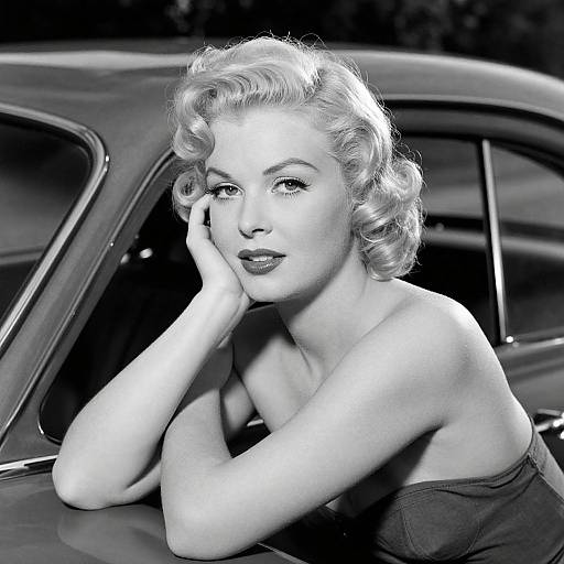 Black-and-white photograph of a 1950s-style blonde woman with curled hair, leaning on a vintage car, wearing a strapless dress, looking