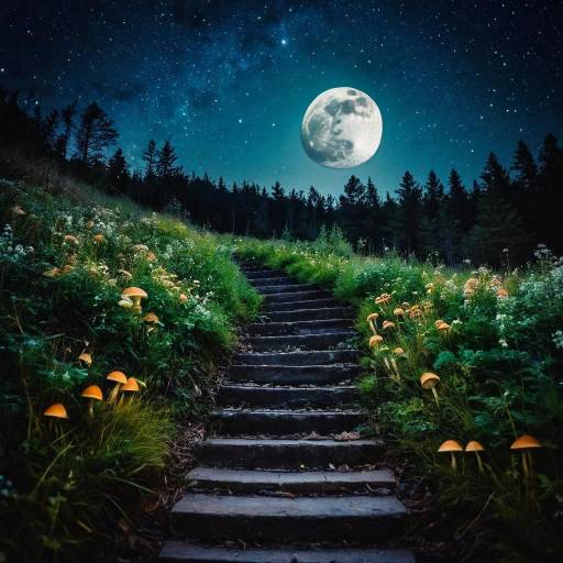 Stone Staircase Under Full Moon in Forest