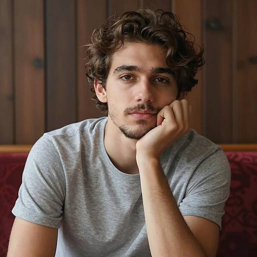 Young Man with Calm Expression Sitting Indoors
