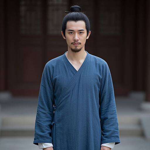 Photograph of a young Asian man with a topknot, wearing a loose, dark blue hanbok, standing in front of a blurred wooden