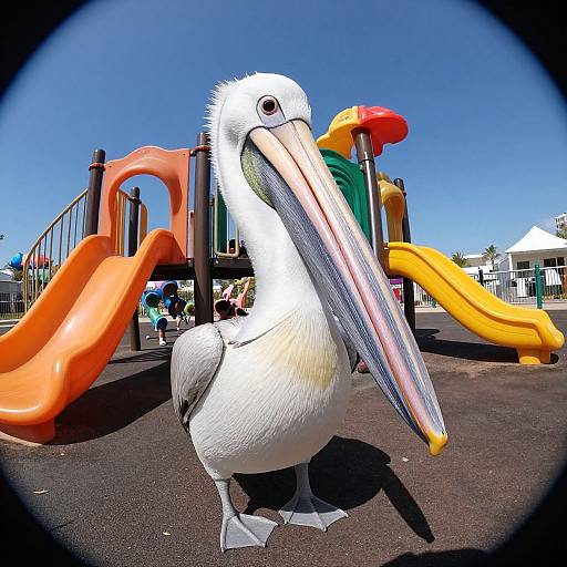 Photograph of a large white pelican standing in front of a colorful playground with orange and yellow slides, clear blue sky, and people in the background