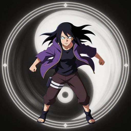 Digital anime artwork of a black-haired male character with spiky hair, wearing a purple jacket, black shirt, and brown pants, standing in a glowing