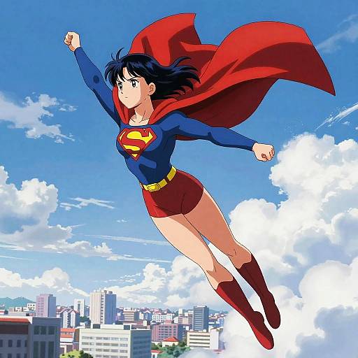 Anime-style drawing of a young woman with black hair, blue top, red skirt, red cape, and boots, flying above a cityscape.