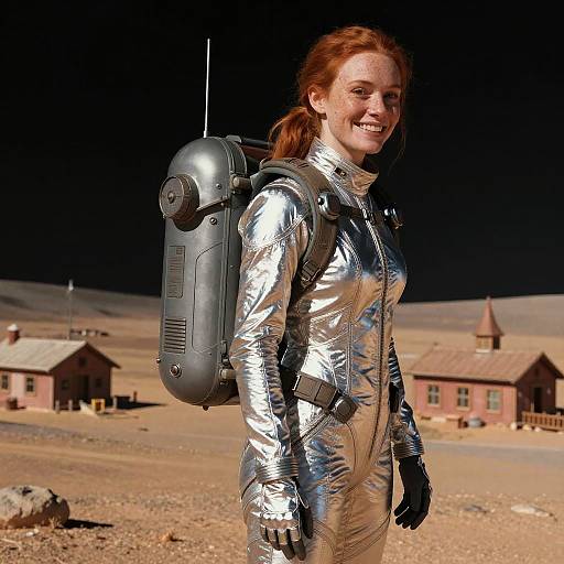 Photograph of a smiling red-haired woman in a shiny silver spacesuit with a backpack, standing in a barren desert town.